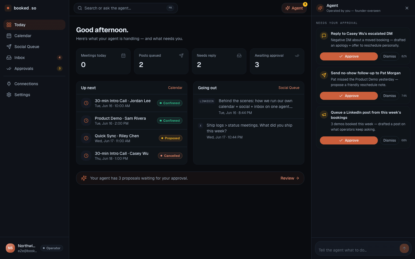 The Booked.so operator dashboard: calendar, social, and inbox on one surface